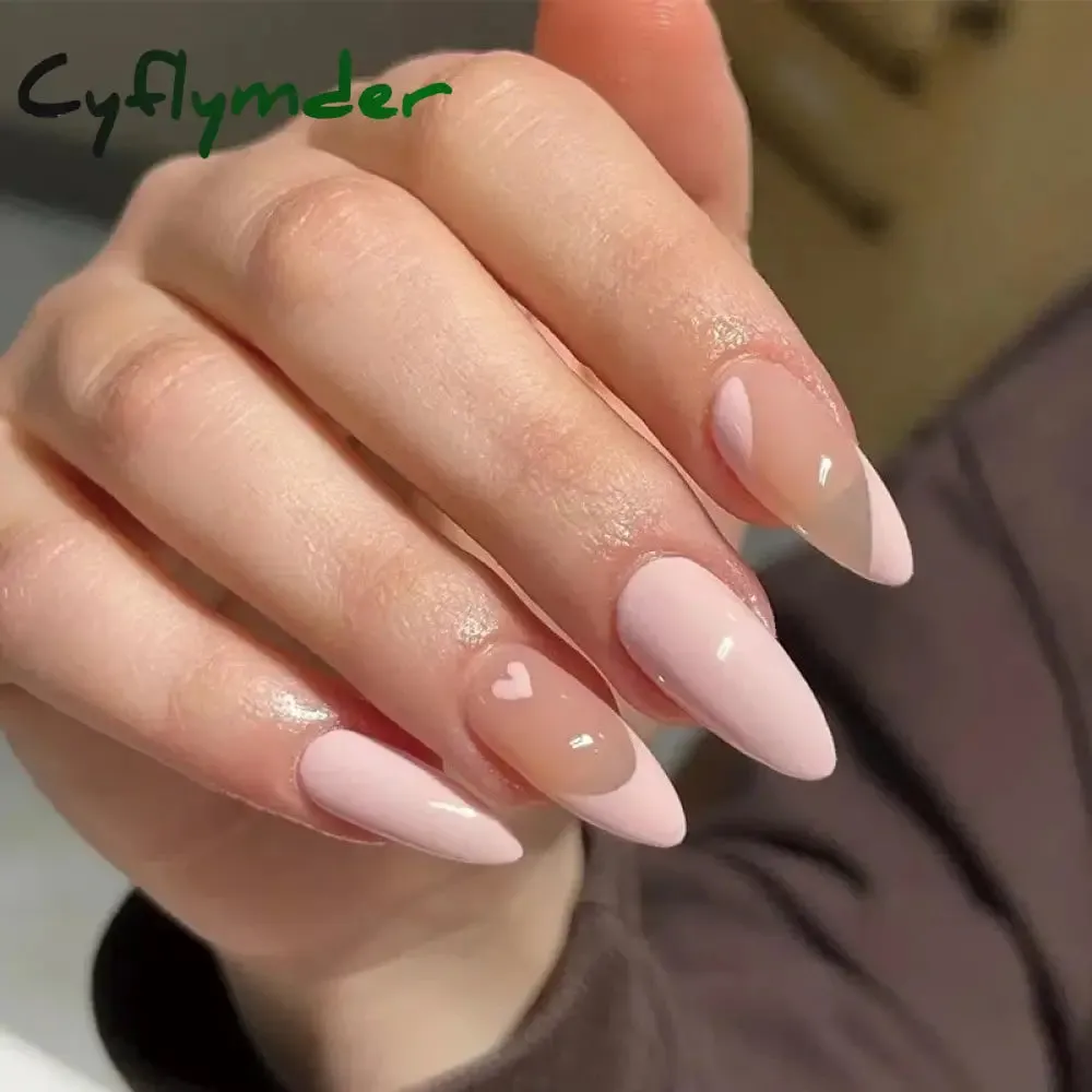Cyflymder 24PCS French Oval False Nails Girls White Edge Design Nude Color Wearable Press on Nail Full Cover Short Acrylic Almond Fake Nails