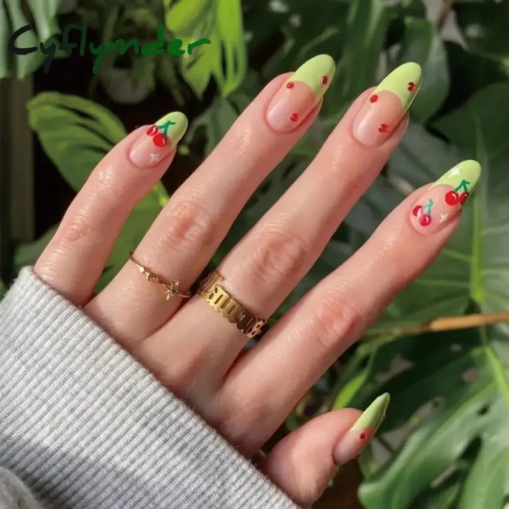 Cyflymder 24PCS French Oval False Nails Girls White Edge Design Nude Color Wearable Press on Nail Full Cover Short Acrylic Almond Fake Nails