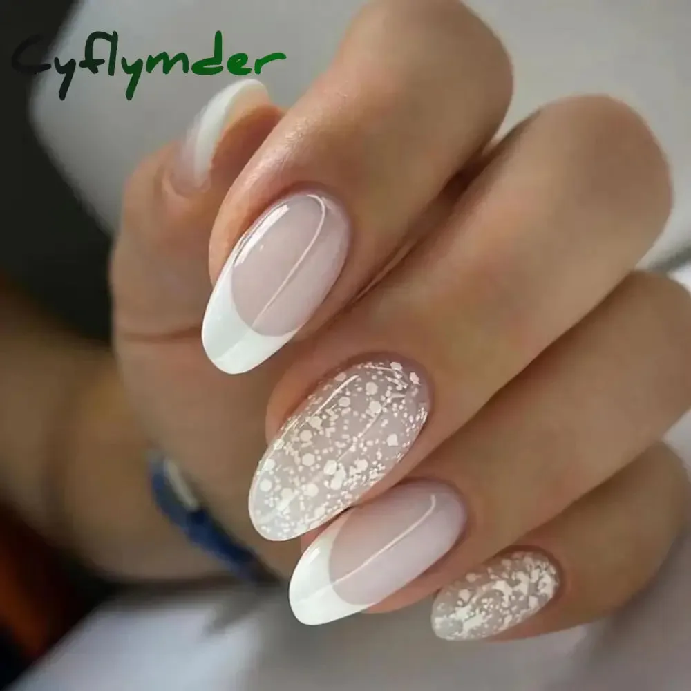 Cyflymder 24PCS French Oval False Nails Girls White Edge Design Nude Color Wearable Press on Nail Full Cover Short Acrylic Almond Fake Nails