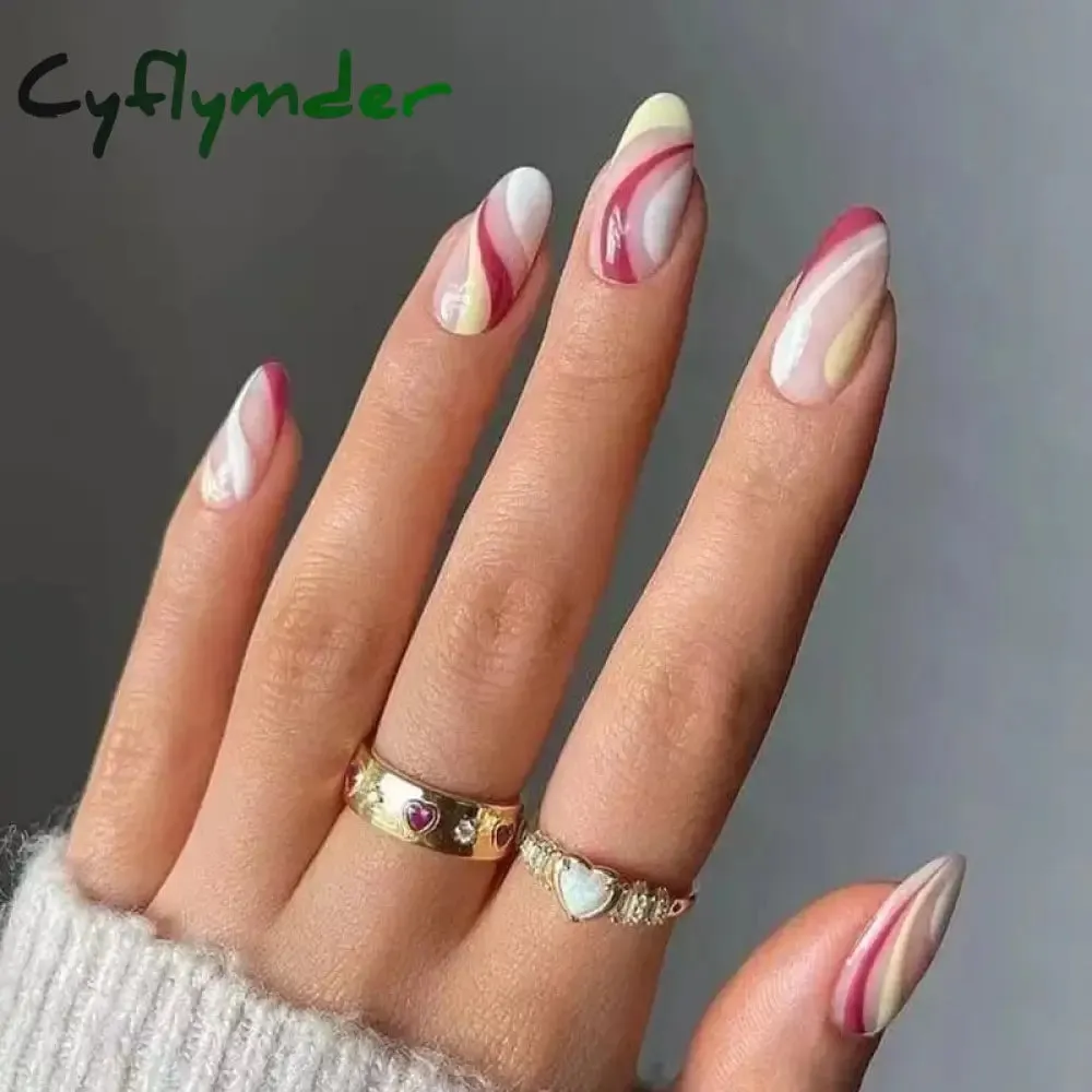 Cyflymder 24PCS French Oval False Nails Girls White Edge Design Nude Color Wearable Press on Nail Full Cover Short Acrylic Almond Fake Nails