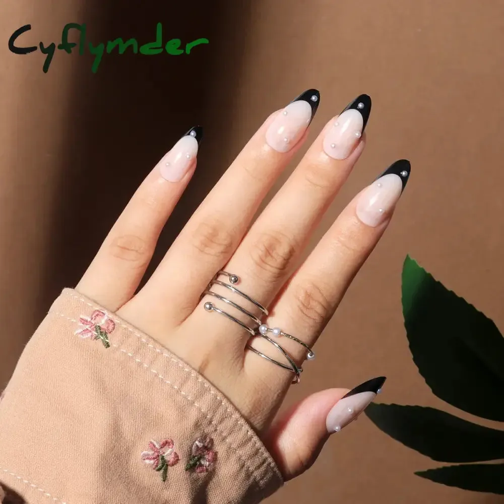 Cyflymder 24PCS French Oval False Nails Girls White Edge Design Nude Color Wearable Press on Nail Full Cover Short Acrylic Almond Fake Nails