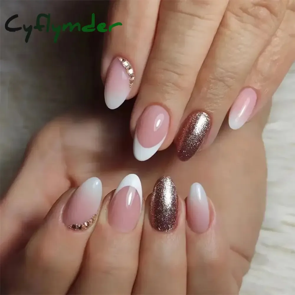 Cyflymder 24PCS French Oval False Nails Girls White Edge Design Nude Color Wearable Press on Nail Full Cover Short Acrylic Almond Fake Nails