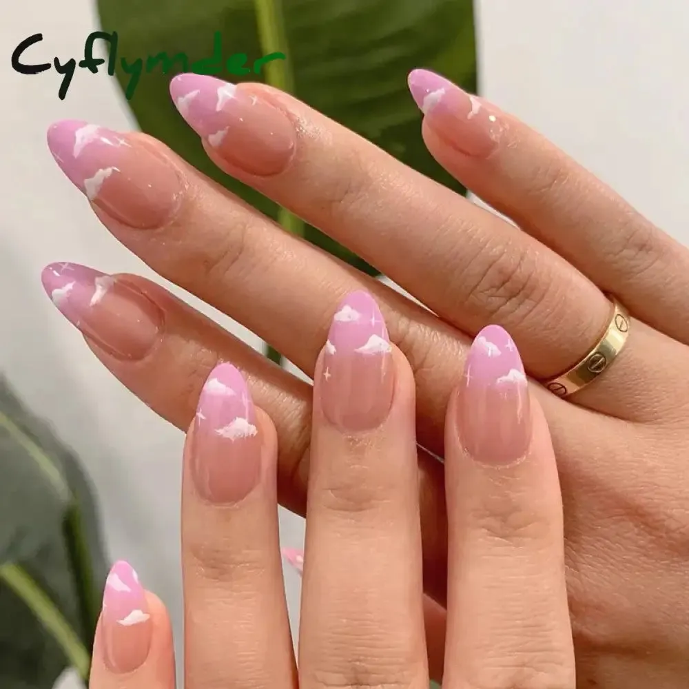 Cyflymder 24PCS French Oval False Nails Girls White Edge Design Nude Color Wearable Press on Nail Full Cover Short Acrylic Almond Fake Nails