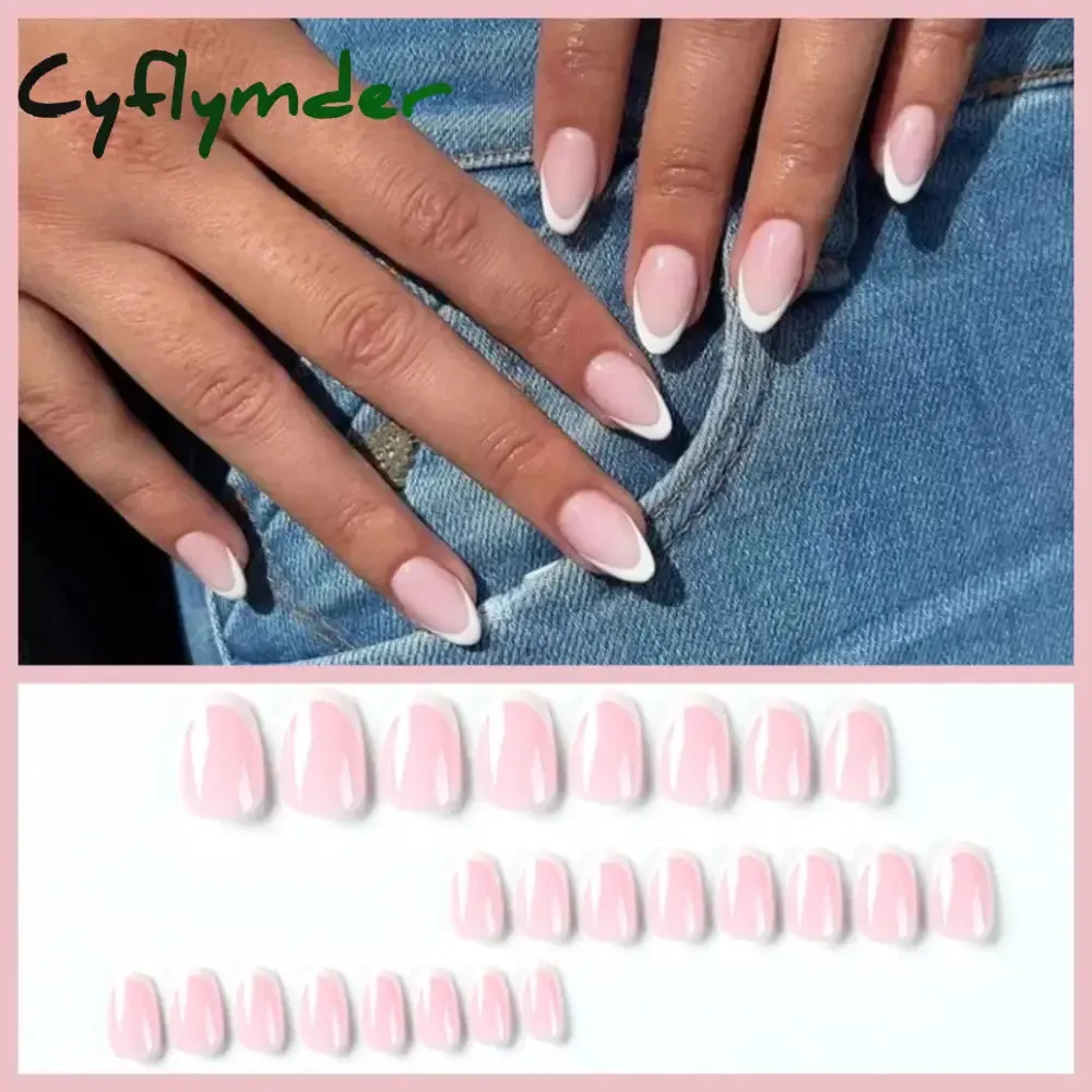 Cyflymder 24PCS French Oval False Nails Girls White Edge Design Nude Color Wearable Press on Nail Full Cover Short Acrylic Almond Fake Nails