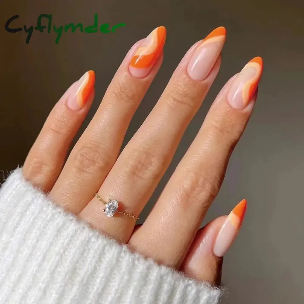 Cyflymder 24PCS French Oval False Nails Girls White Edge Design Nude Color Wearable Press on Nail Full Cover Short Acrylic Almond Fake Nails
