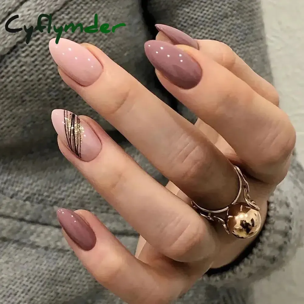 Cyflymder 24PCS French Oval False Nails Girls White Edge Design Nude Color Wearable Press on Nail Full Cover Short Acrylic Almond Fake Nails