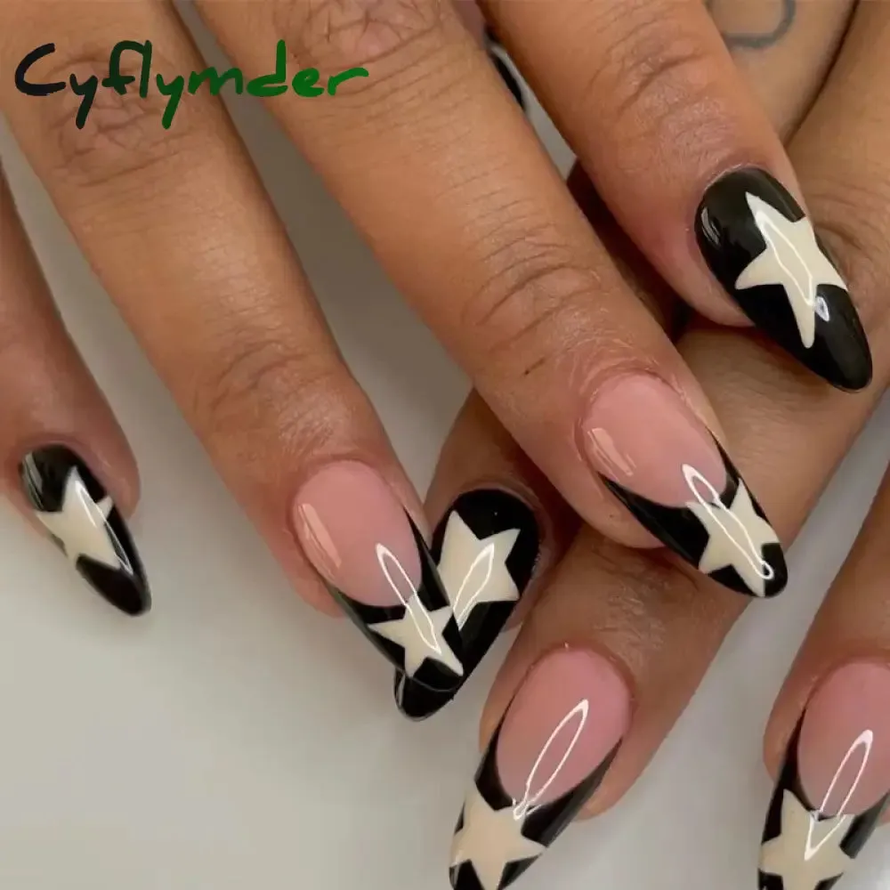 Cyflymder 24PCS French Oval False Nails Girls White Edge Design Nude Color Wearable Press on Nail Full Cover Short Acrylic Almond Fake Nails