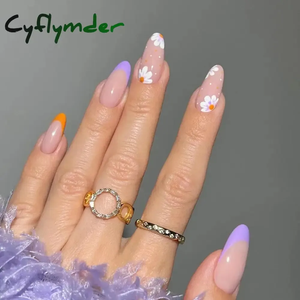 Cyflymder 24PCS French Oval False Nails Girls White Edge Design Nude Color Wearable Press on Nail Full Cover Short Acrylic Almond Fake Nails