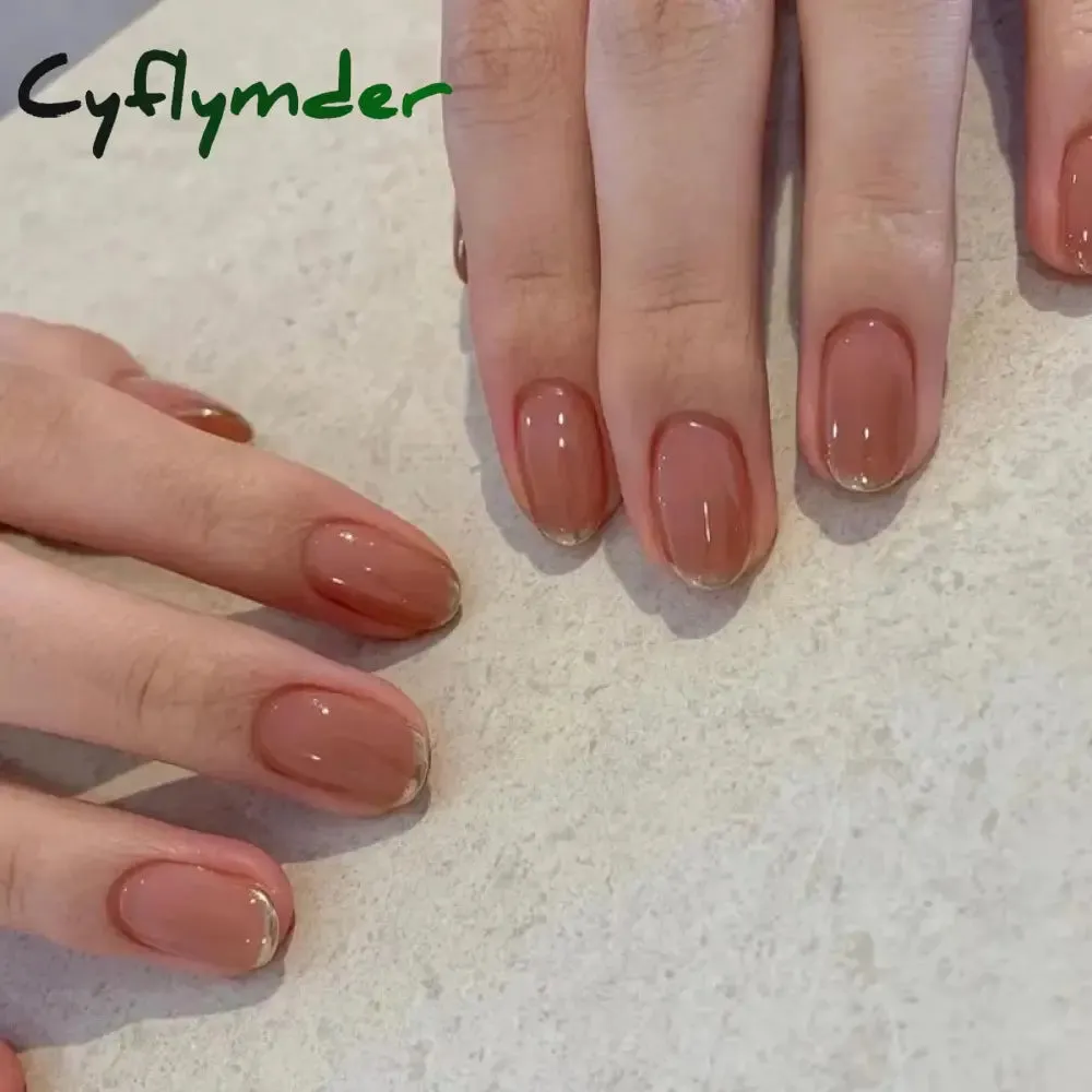 Cyflymder 24PCS French Oval False Nails Girls White Edge Design Nude Color Wearable Press on Nail Full Cover Short Acrylic Almond Fake Nails
