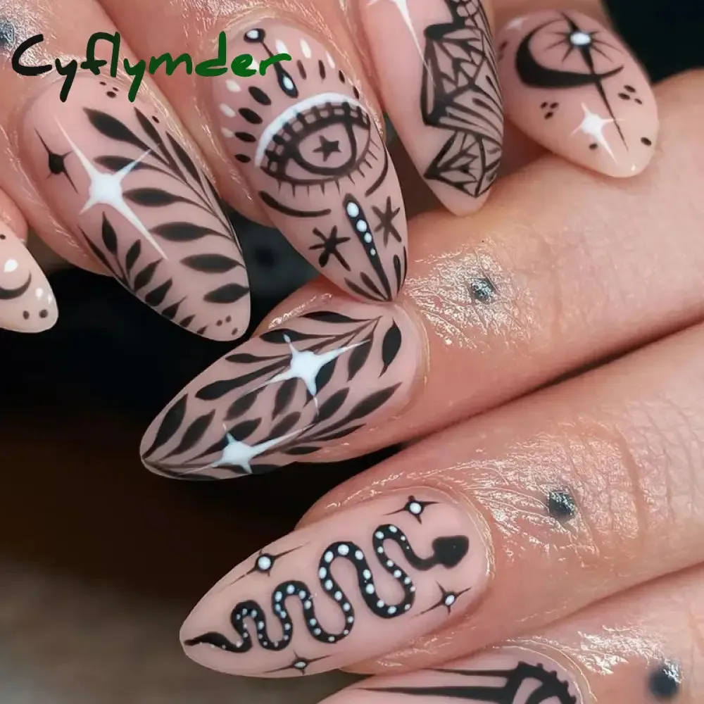 Cyflymder 24PCS French Oval False Nails Girls White Edge Design Nude Color Wearable Press on Nail Full Cover Short Acrylic Almond Fake Nails