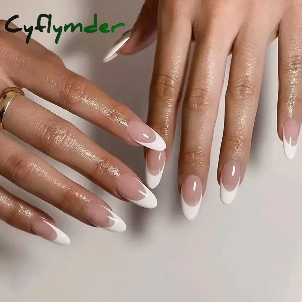 Cyflymder 24PCS French Oval False Nails Girls White Edge Design Nude Color Wearable Press on Nail Full Cover Short Acrylic Almond Fake Nails