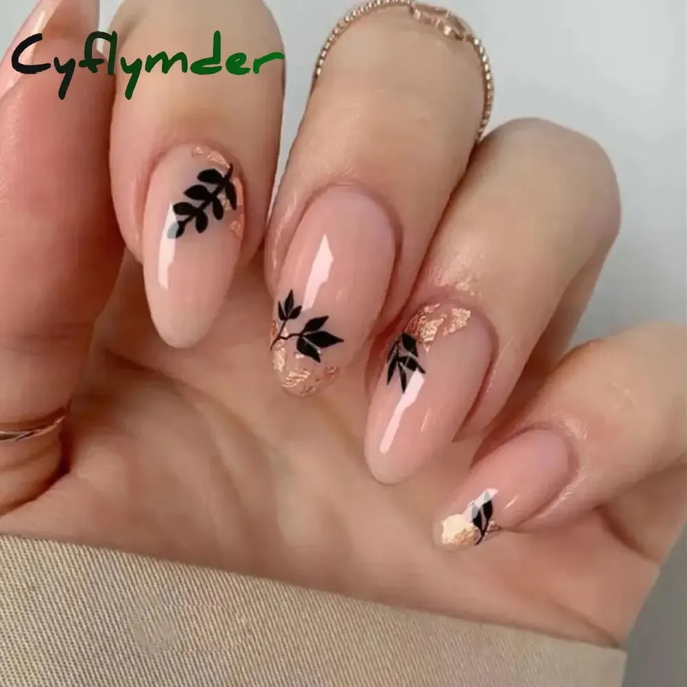 Cyflymder 24PCS French Oval False Nails Girls White Edge Design Nude Color Wearable Press on Nail Full Cover Short Acrylic Almond Fake Nails