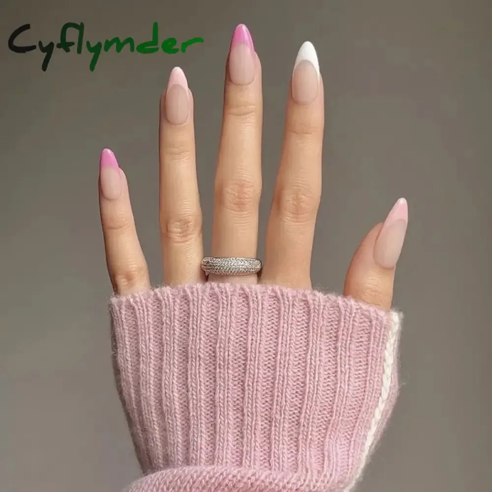 Cyflymder 24PCS French Oval False Nails Girls White Edge Design Nude Color Wearable Press on Nail Full Cover Short Acrylic Almond Fake Nails