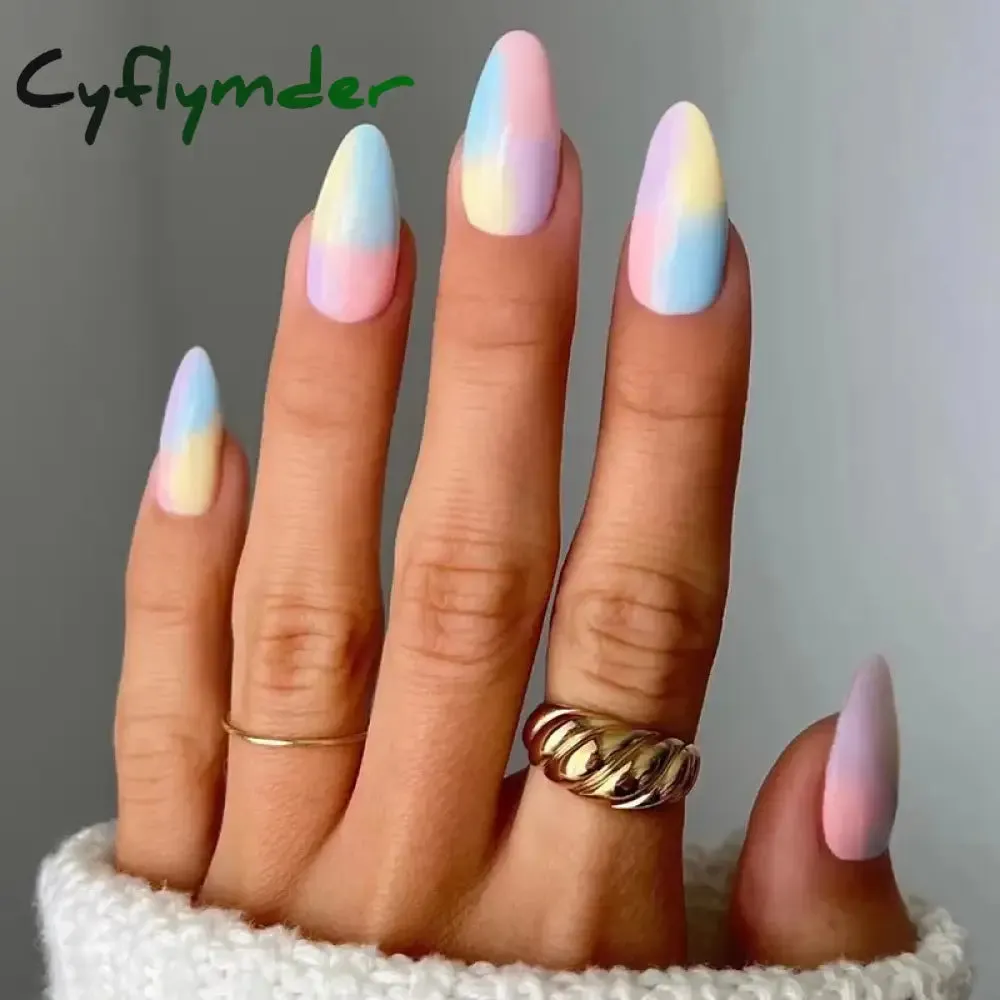 Cyflymder 24PCS French Oval False Nails Girls White Edge Design Nude Color Wearable Press on Nail Full Cover Short Acrylic Almond Fake Nails