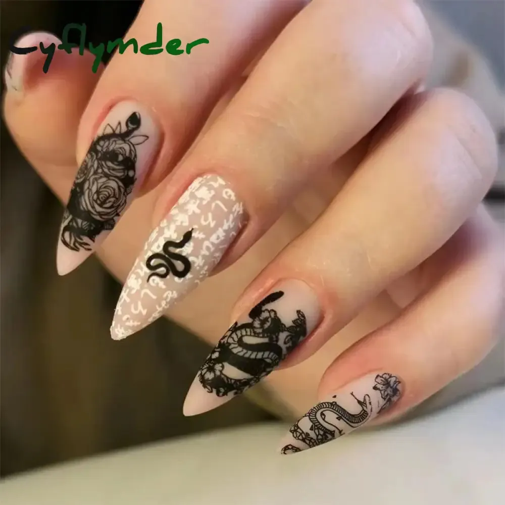 Cyflymder 24PCS French Oval False Nails Girls White Edge Design Nude Color Wearable Press on Nail Full Cover Short Acrylic Almond Fake Nails