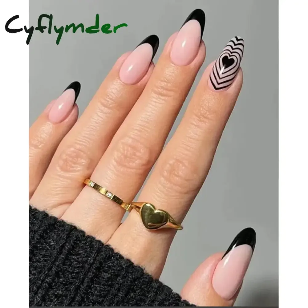 Cyflymder 24PCS French Oval False Nails Girls White Edge Design Nude Color Wearable Press on Nail Full Cover Short Acrylic Almond Fake Nails