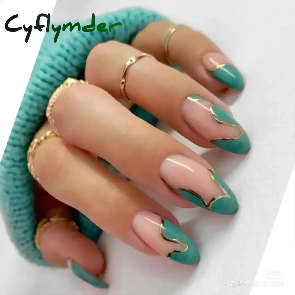 Cyflymder 24PCS French Oval False Nails Girls White Edge Design Nude Color Wearable Press on Nail Full Cover Short Acrylic Almond Fake Nails