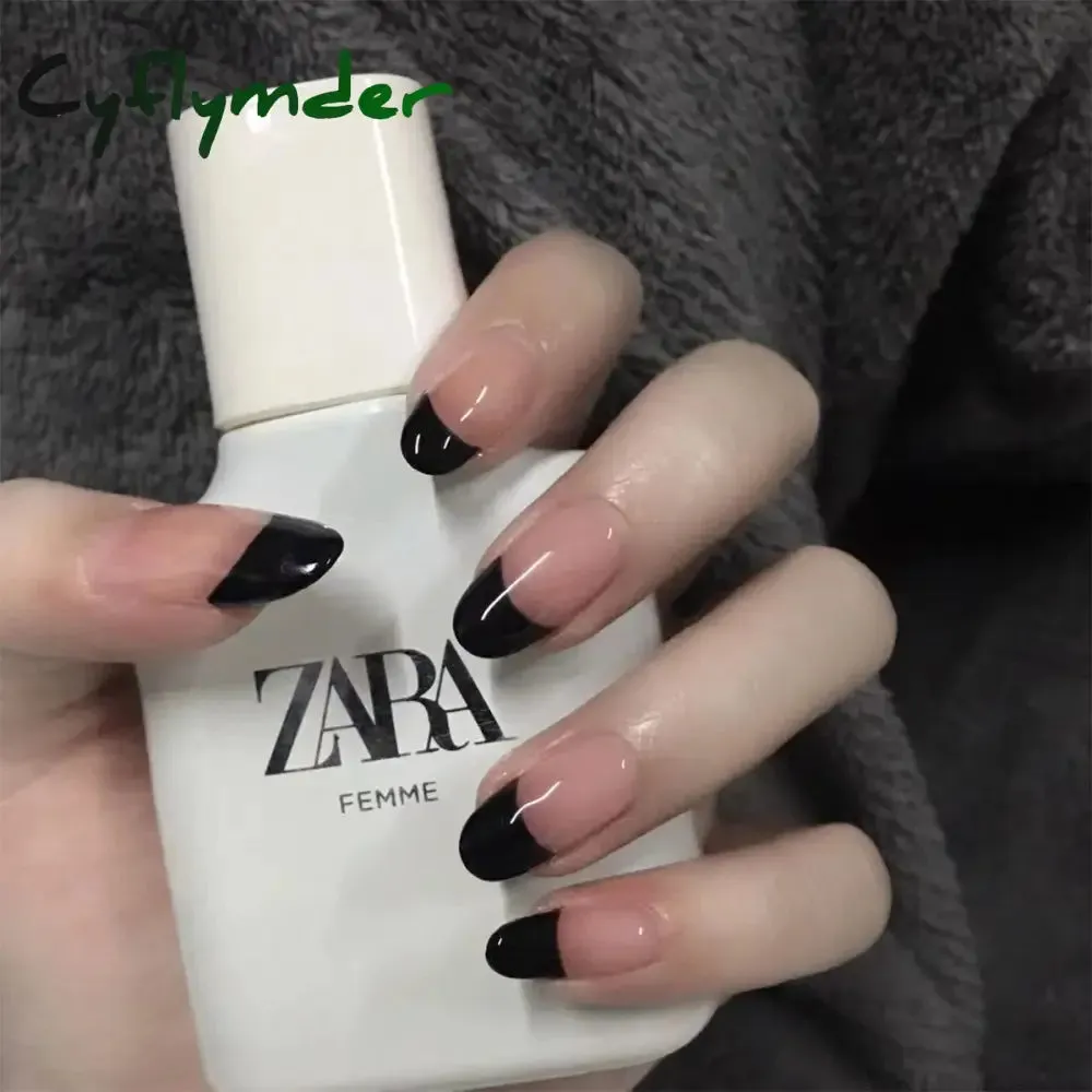 Cyflymder 24PCS French Oval False Nails Girls White Edge Design Nude Color Wearable Press on Nail Full Cover Short Acrylic Almond Fake Nails