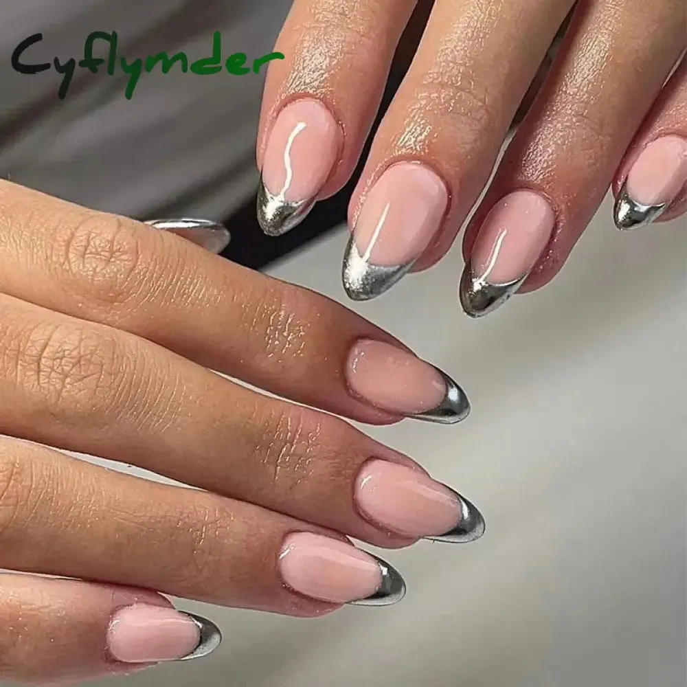 Cyflymder 24PCS French Oval False Nails Girls White Edge Design Nude Color Wearable Press on Nail Full Cover Short Acrylic Almond Fake Nails