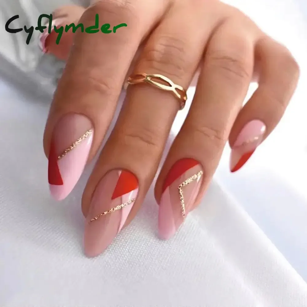 Cyflymder 24PCS French Oval False Nails Girls White Edge Design Nude Color Wearable Press on Nail Full Cover Short Acrylic Almond Fake Nails