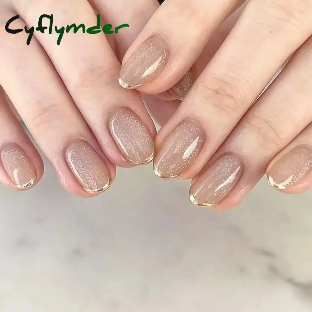 Cyflymder 24PCS French Oval False Nails Girls White Edge Design Nude Color Wearable Press on Nail Full Cover Short Acrylic Almond Fake Nails