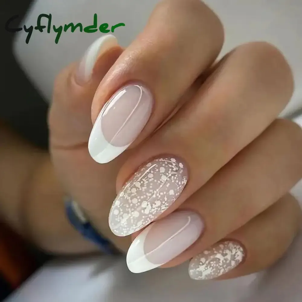 Cyflymder 24PCS French Oval False Nails Girls White Edge Design Nude Color Wearable Press on Nail Full Cover Short Acrylic Almond Fake Nails