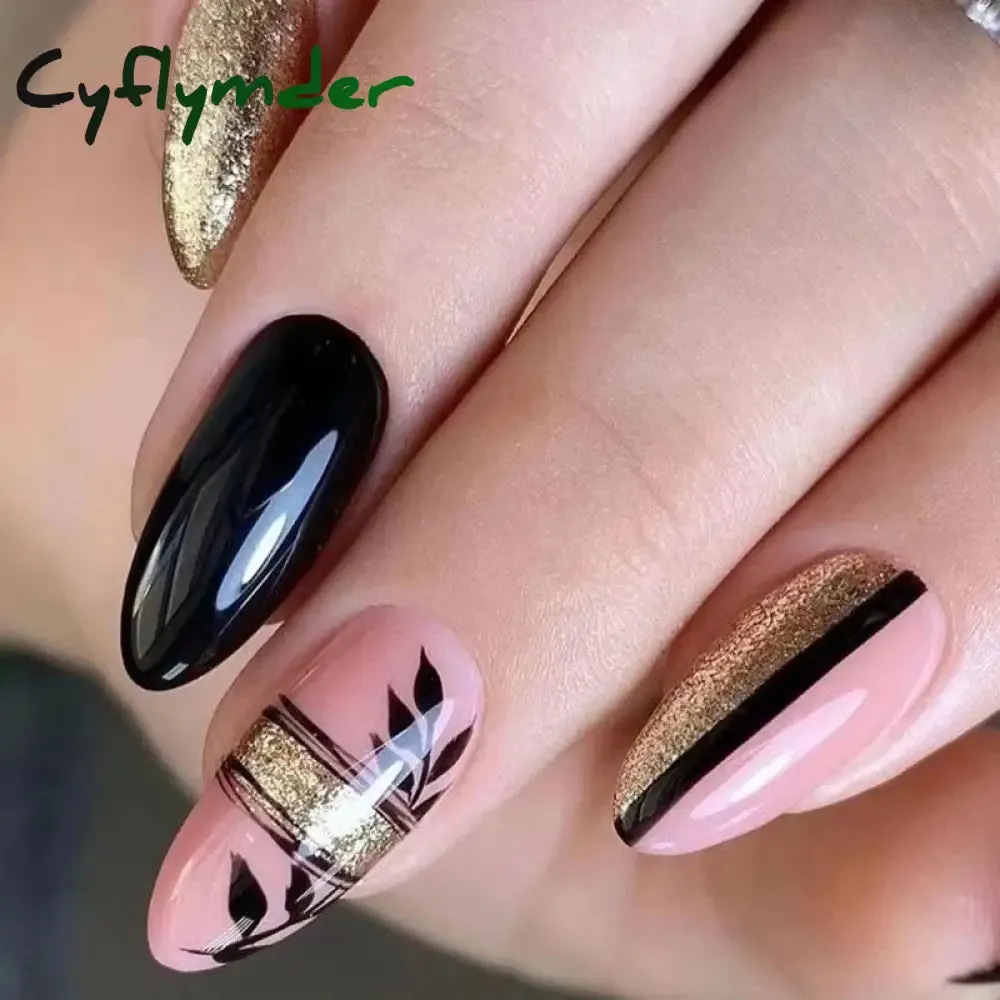 Cyflymder 24PCS French Oval False Nails Girls White Edge Design Nude Color Wearable Press on Nail Full Cover Short Acrylic Almond Fake Nails