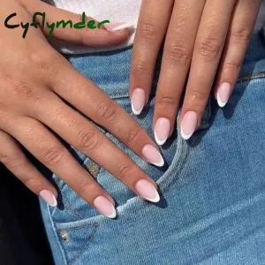 Cyflymder 24PCS French Oval False Nails Girls White Edge Design Nude Color Wearable Press on Nail Full Cover Short Acrylic Almond Fake Nails