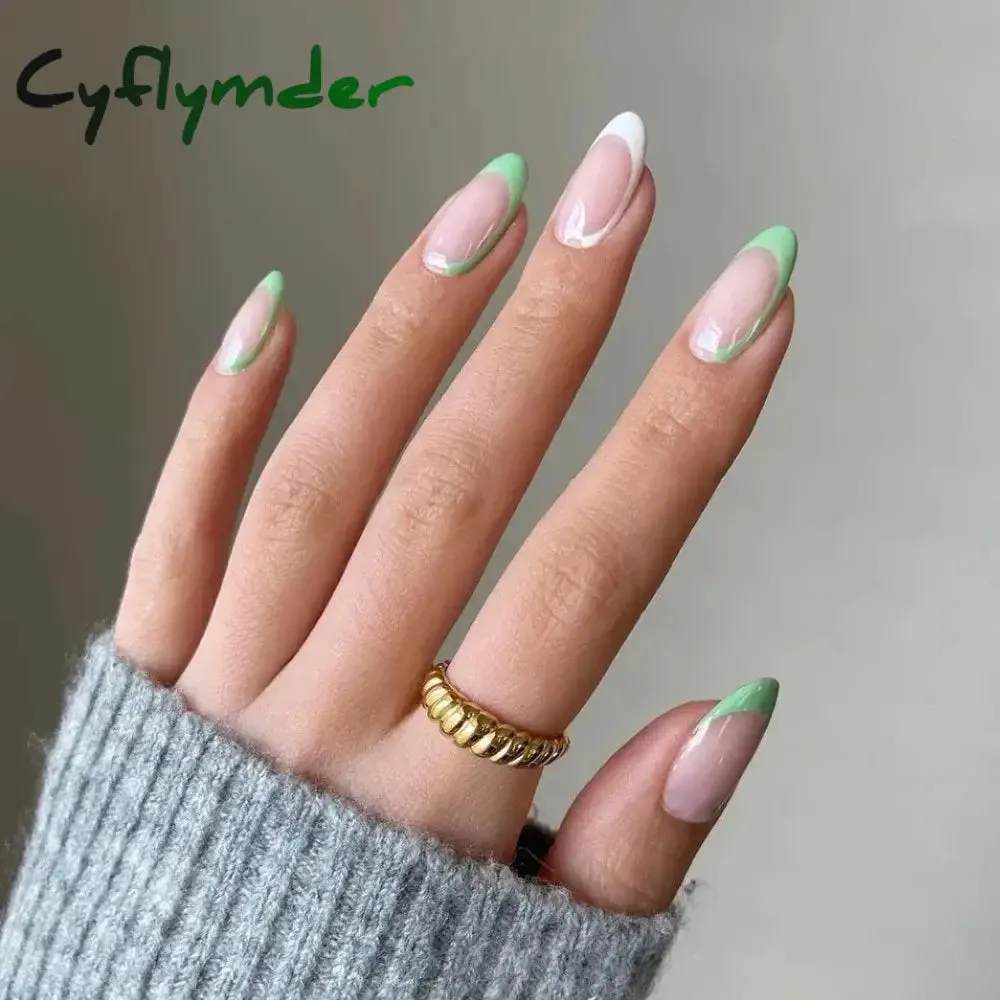 Cyflymder 24PCS French Oval False Nails Girls White Edge Design Nude Color Wearable Press on Nail Full Cover Short Acrylic Almond Fake Nails