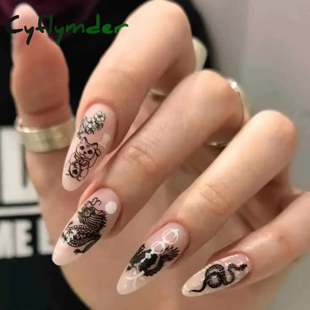 Cyflymder 24PCS French Oval False Nails Girls White Edge Design Nude Color Wearable Press on Nail Full Cover Short Acrylic Almond Fake Nails