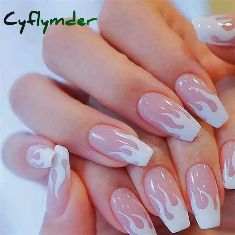 Cyflymder 24PCS French Oval False Nails Girls White Edge Design Nude Color Wearable Press on Nail Full Cover Short Acrylic Almond Fake Nails