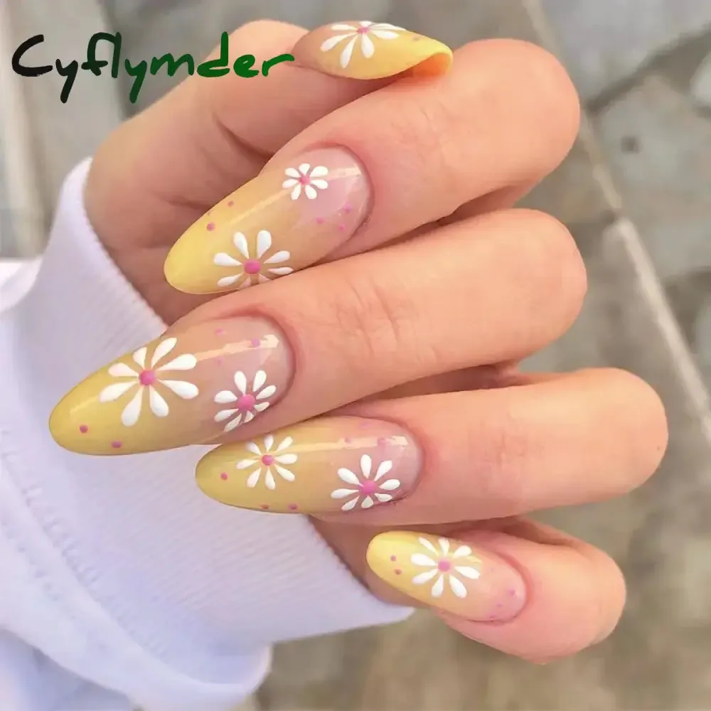 Cyflymder 24PCS French Oval False Nails Girls White Edge Design Nude Color Wearable Press on Nail Full Cover Short Acrylic Almond Fake Nails