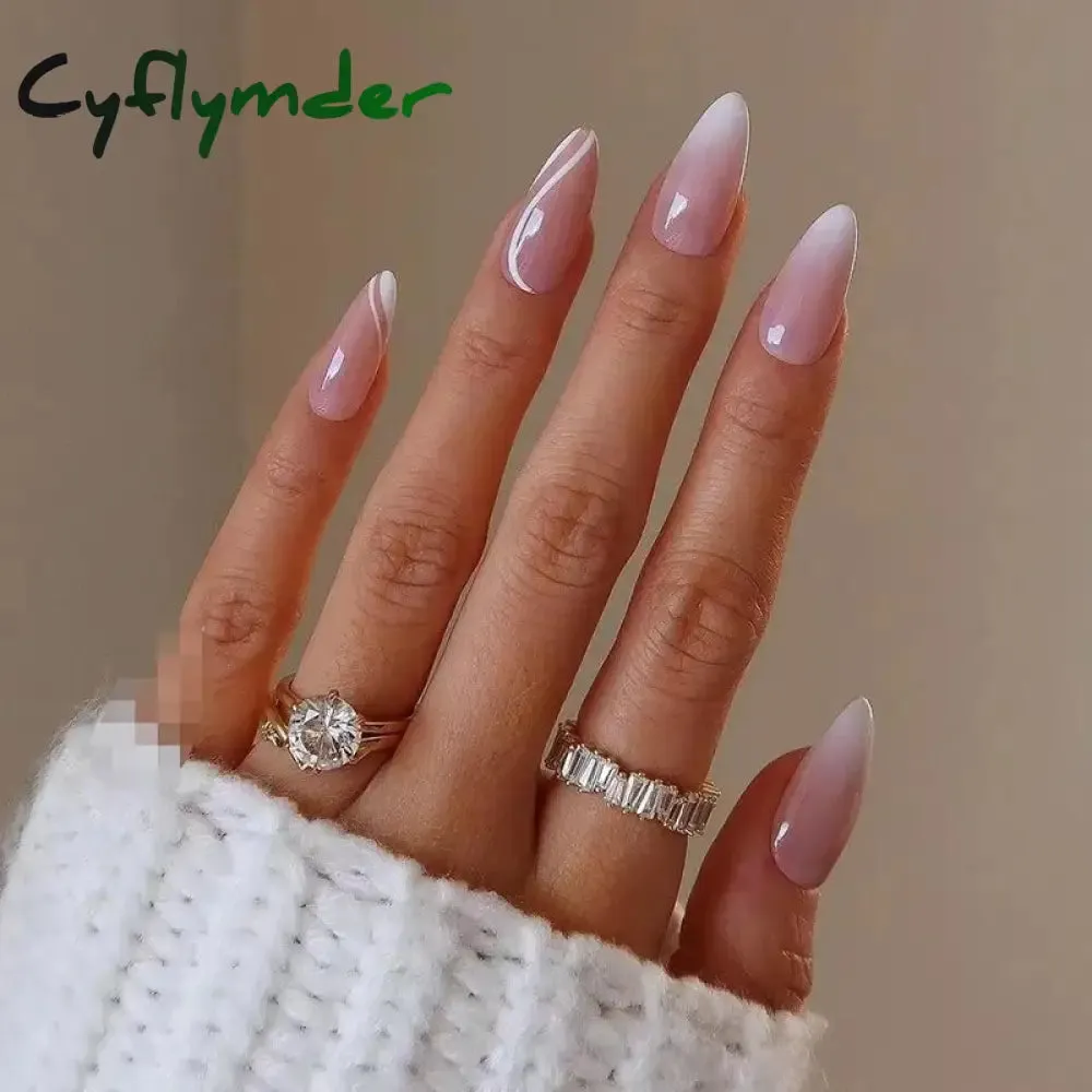 Cyflymder 24PCS French Oval False Nails Girls White Edge Design Nude Color Wearable Press on Nail Full Cover Short Acrylic Almond Fake Nails