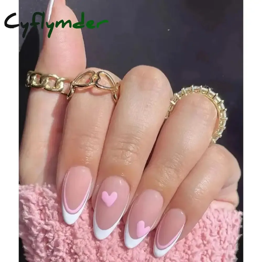 Cyflymder 24PCS French Oval False Nails Girls White Edge Design Nude Color Wearable Press on Nail Full Cover Short Acrylic Almond Fake Nails