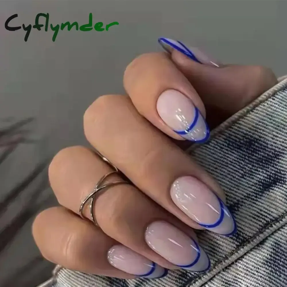 Cyflymder 24PCS French Oval False Nails Girls White Edge Design Nude Color Wearable Press on Nail Full Cover Short Acrylic Almond Fake Nails