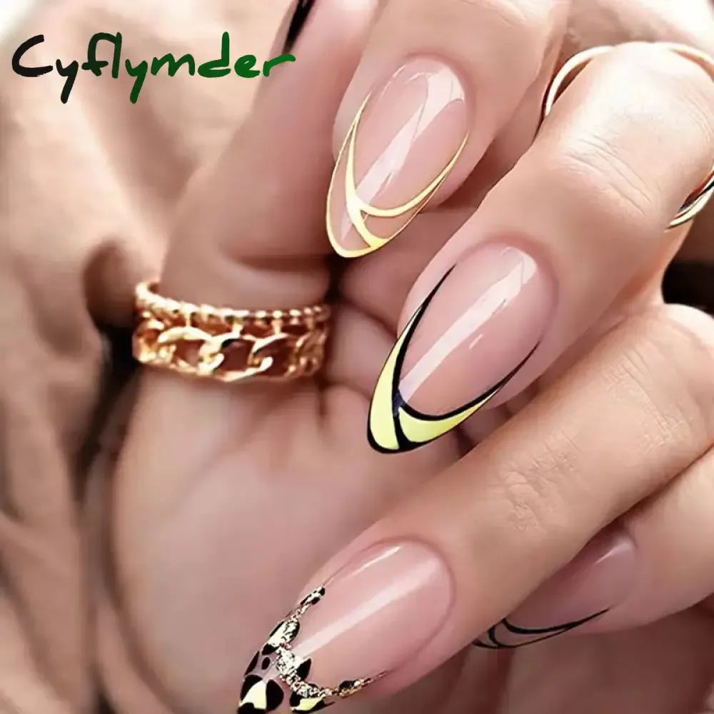 Cyflymder 24PCS French Oval False Nails Girls White Edge Design Nude Color Wearable Press on Nail Full Cover Short Acrylic Almond Fake Nails