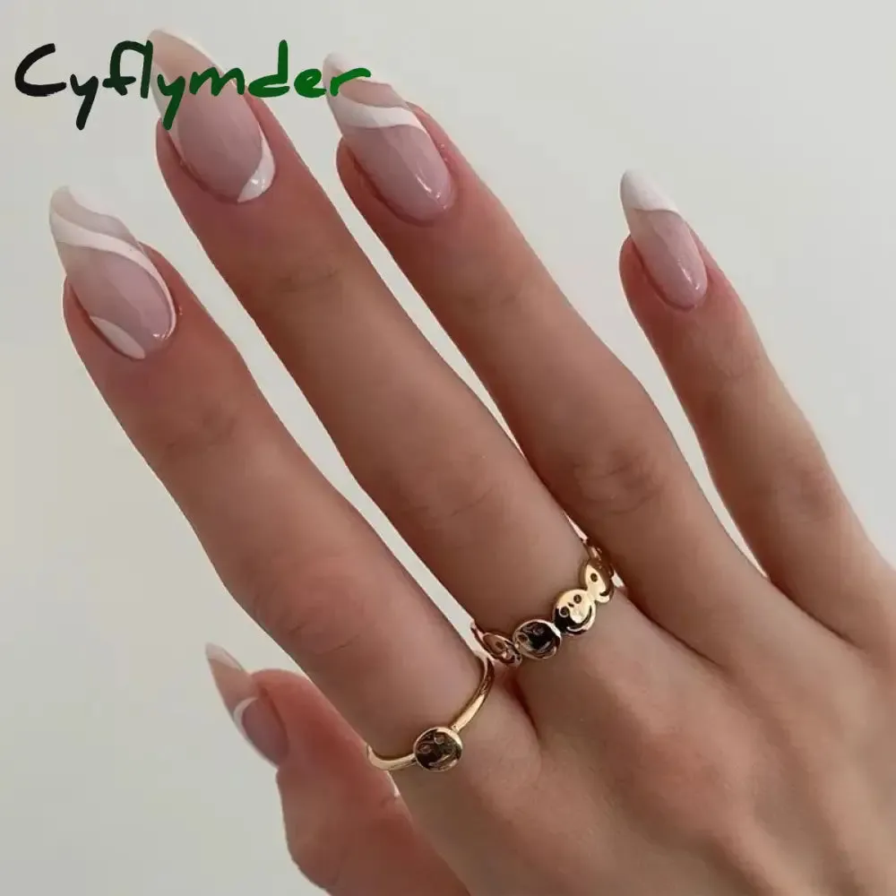 Cyflymder 24PCS French Oval False Nails Girls White Edge Design Nude Color Wearable Press on Nail Full Cover Short Acrylic Almond Fake Nails