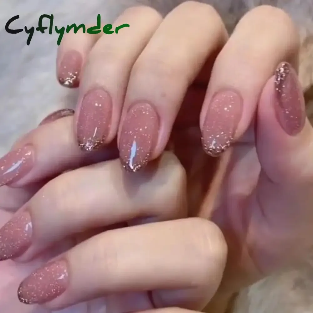 Cyflymder 24PCS French Oval False Nails Girls White Edge Design Nude Color Wearable Press on Nail Full Cover Short Acrylic Almond Fake Nails