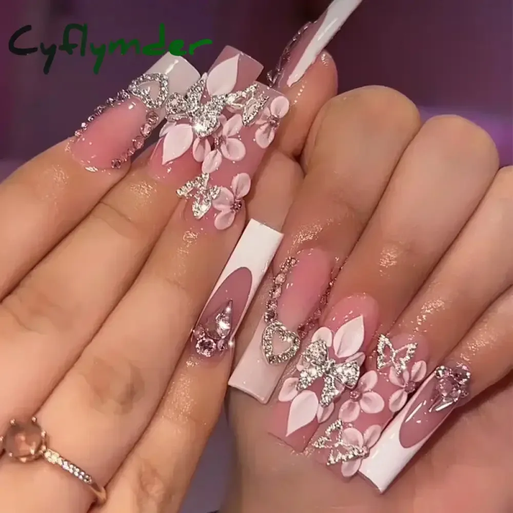 Cyflymder 24Pcs Full Cover False Nails Pink Full Rhinestone Bow Long French Coffin Nail Tips Detachable Fake Nail Press on Nails Manicure