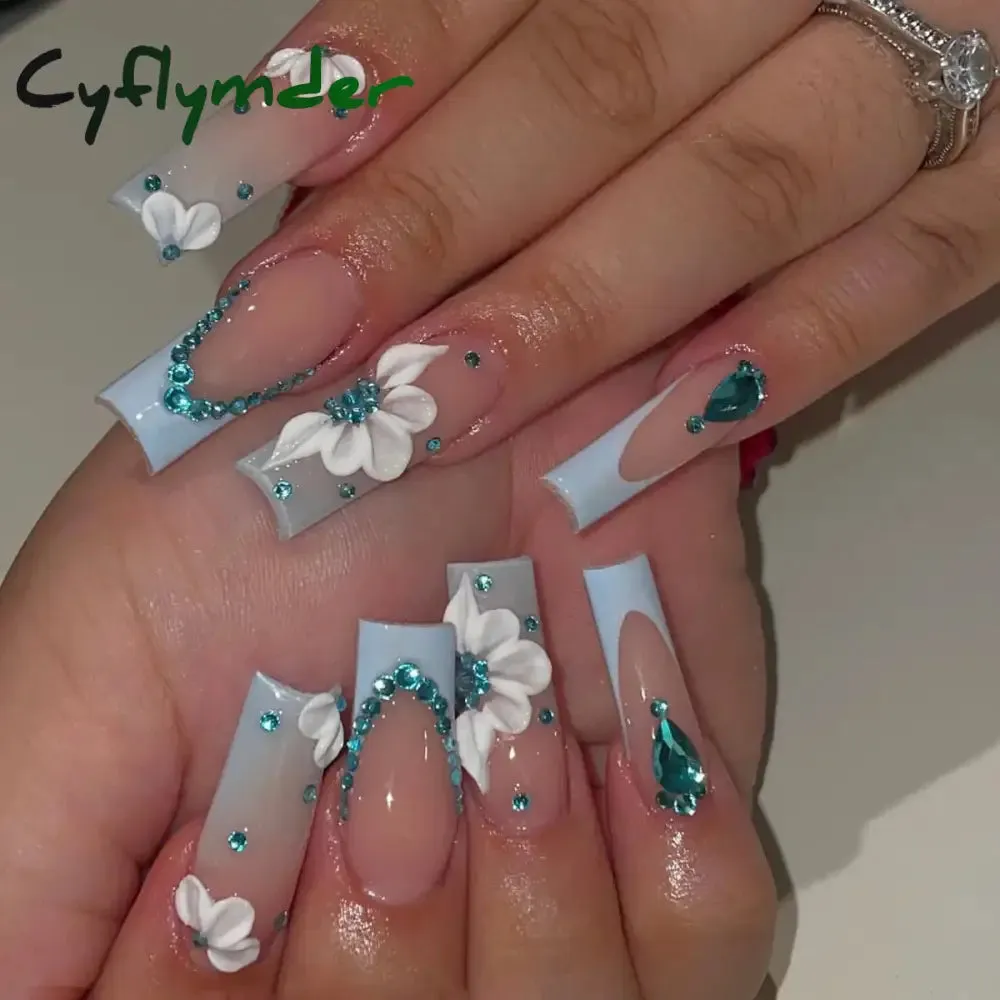 Cyflymder 24Pcs Full Cover False Nails Pink Full Rhinestone Bow Long French Coffin Nail Tips Detachable Fake Nail Press on Nails Manicure