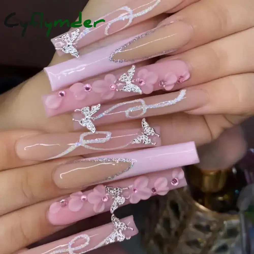 Cyflymder 24Pcs Full Cover False Nails Pink Full Rhinestone Bow Long French Coffin Nail Tips Detachable Fake Nail Press on Nails Manicure