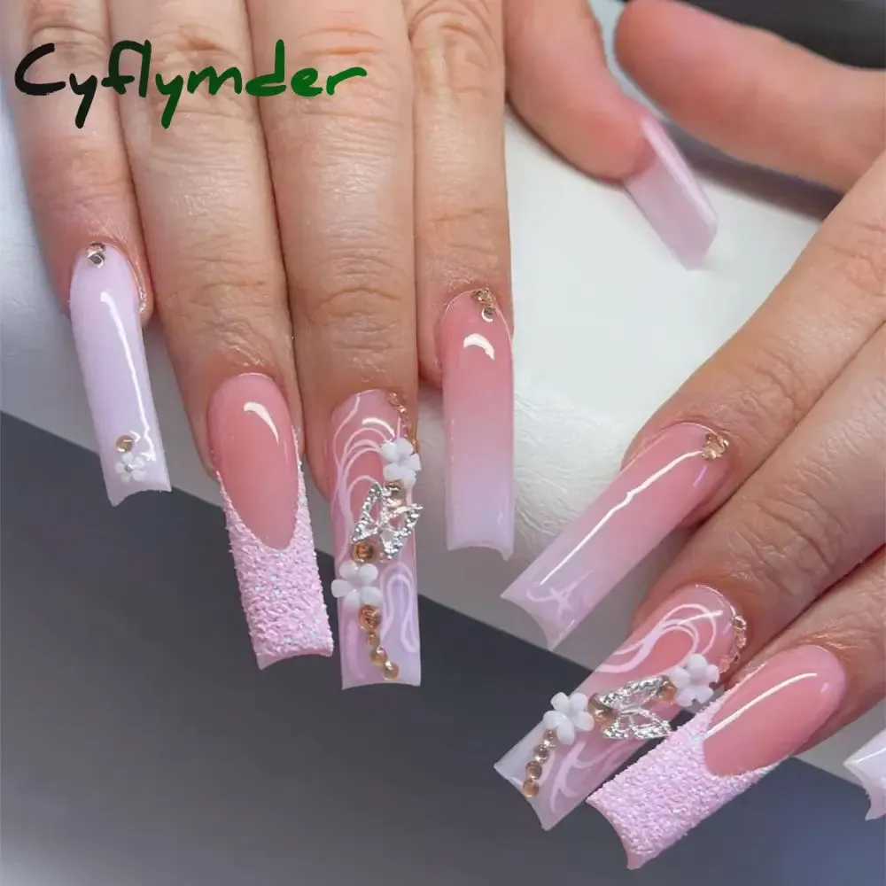 Cyflymder 24Pcs Full Cover False Nails Pink Full Rhinestone Bow Long French Coffin Nail Tips Detachable Fake Nail Press on Nails Manicure