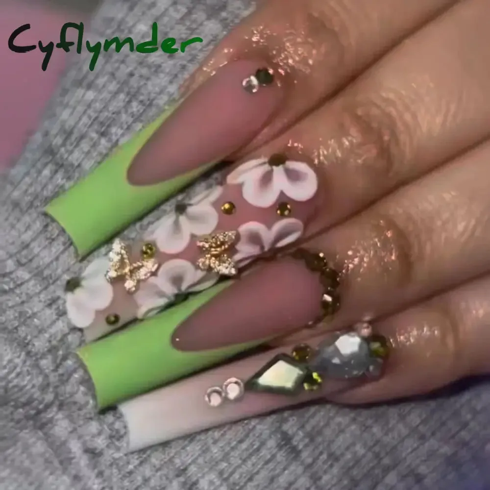 Cyflymder 24Pcs Full Cover False Nails Pink Full Rhinestone Bow Long French Coffin Nail Tips Detachable Fake Nail Press on Nails Manicure
