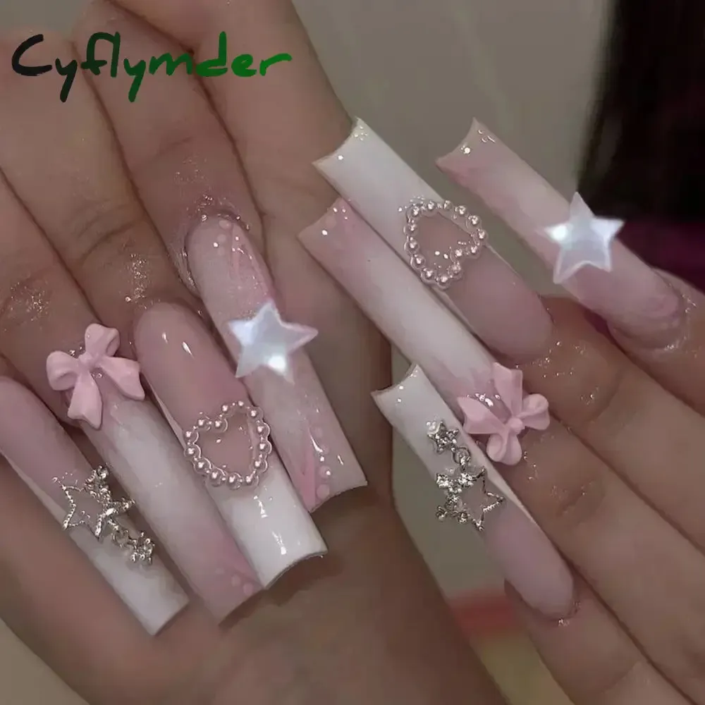 Cyflymder 24Pcs Full Cover False Nails Pink Full Rhinestone Bow Long French Coffin Nail Tips Detachable Fake Nail Press on Nails Manicure