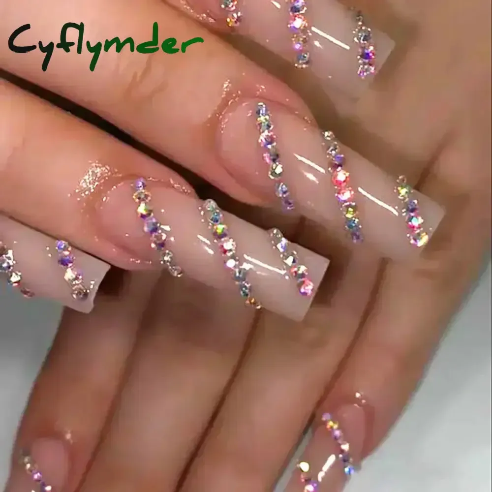 Cyflymder 24Pcs Full Cover False Nails Pink Full Rhinestone Bow Long French Coffin Nail Tips Detachable Fake Nail Press on Nails Manicure