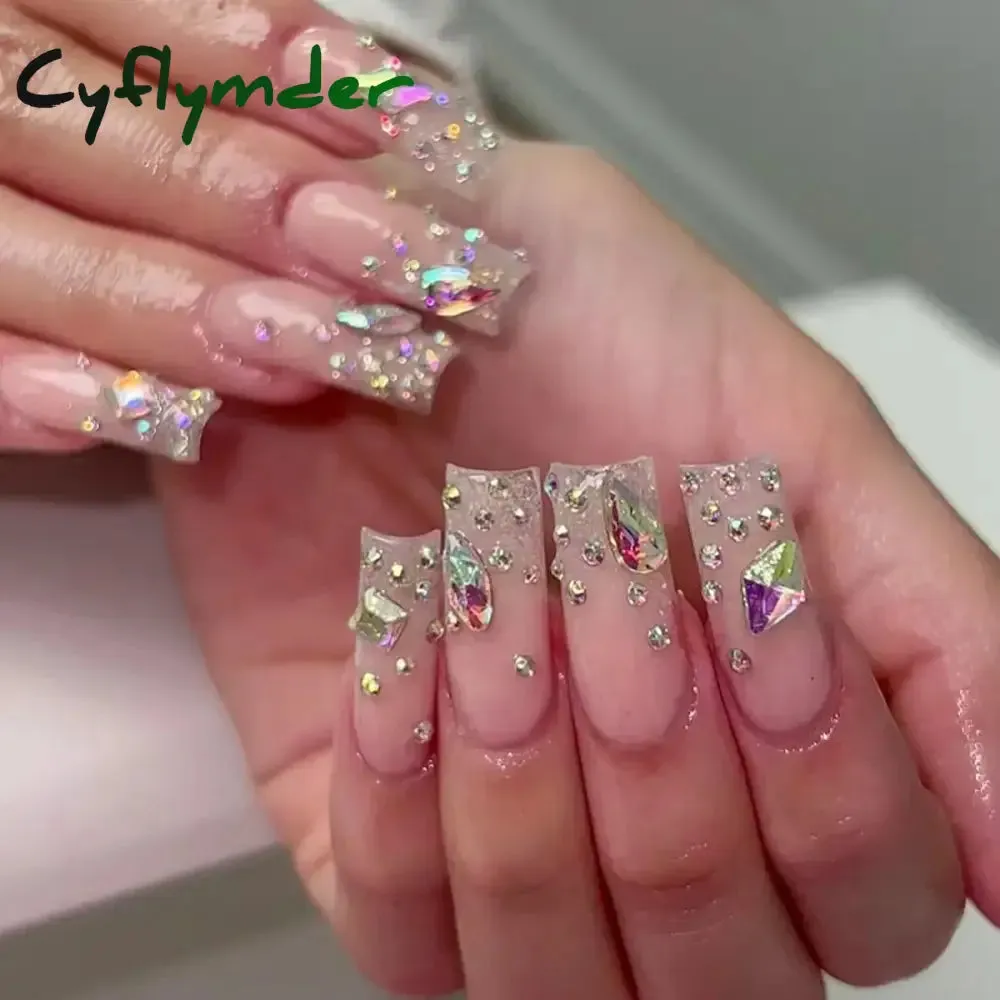 Cyflymder 24Pcs Full Cover False Nails Pink Full Rhinestone Bow Long French Coffin Nail Tips Detachable Fake Nail Press on Nails Manicure