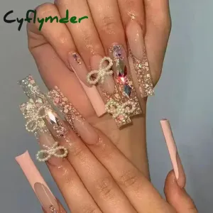 Cyflymder 24Pcs Full Cover False Nails Pink Full Rhinestone Bow Long French Coffin Nail Tips Detachable Fake Nail Press on Nails Manicure