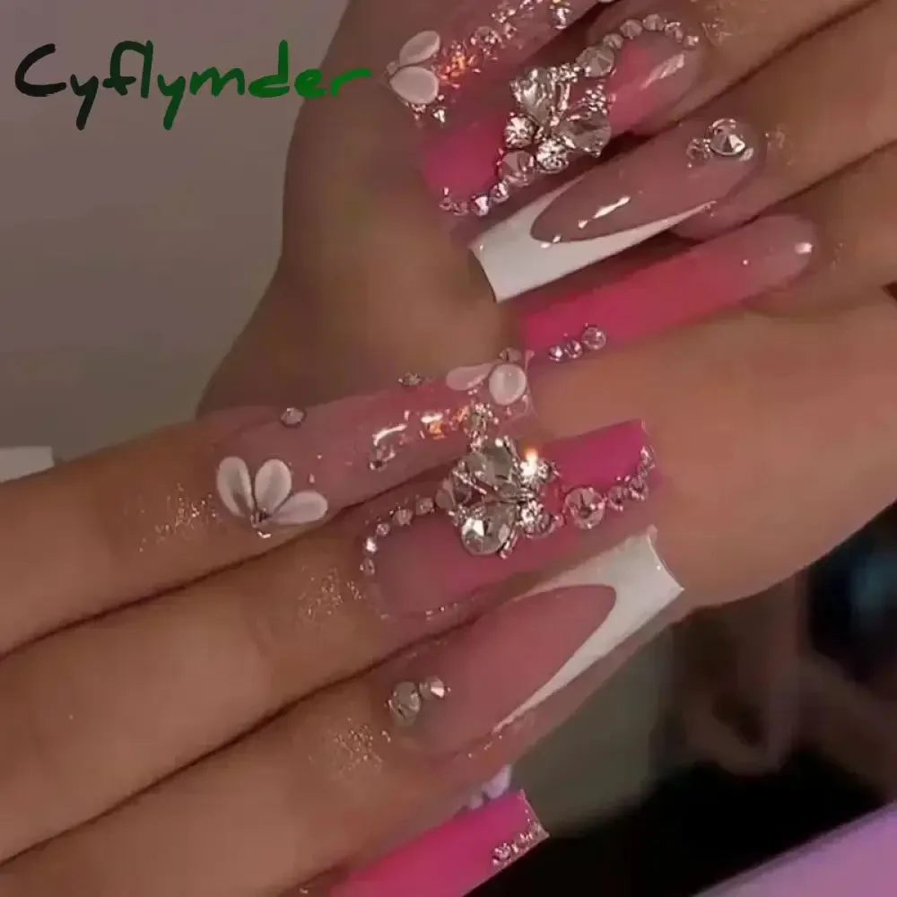 Cyflymder 24Pcs Full Cover False Nails Pink Full Rhinestone Bow Long French Coffin Nail Tips Detachable Fake Nail Press on Nails Manicure