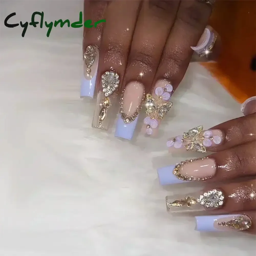 Cyflymder 24Pcs Full Cover False Nails Pink Full Rhinestone Bow Long French Coffin Nail Tips Detachable Fake Nail Press on Nails Manicure
