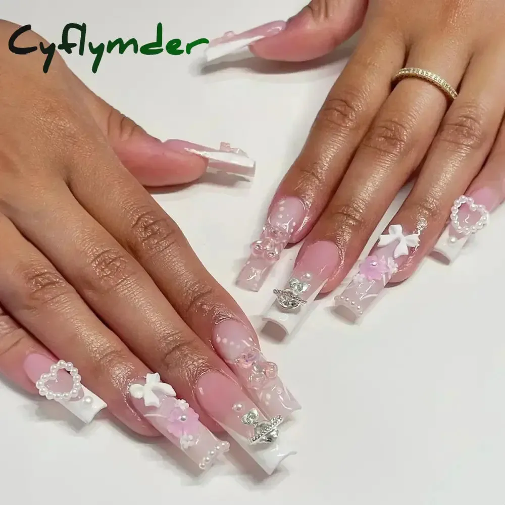 Cyflymder 24Pcs Full Cover False Nails Pink Full Rhinestone Bow Long French Coffin Nail Tips Detachable Fake Nail Press on Nails Manicure